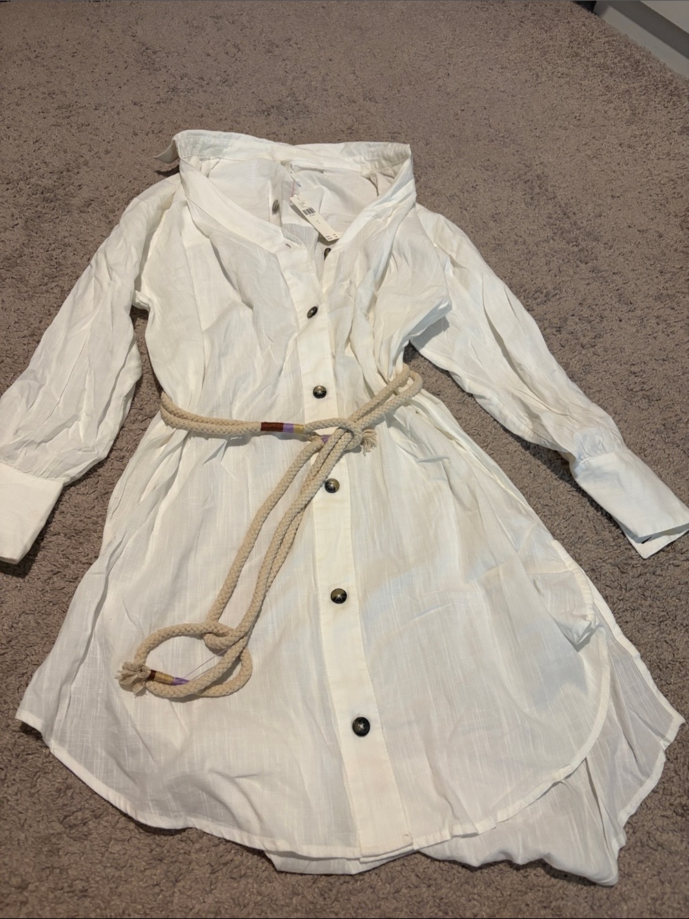 Anthropologie White Button-Front Shirt Dress with Rope Belt
